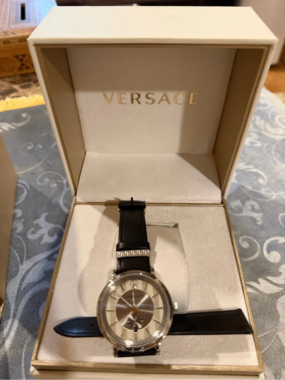 Versace Silver Dial Black Leather Strap Men's Watch